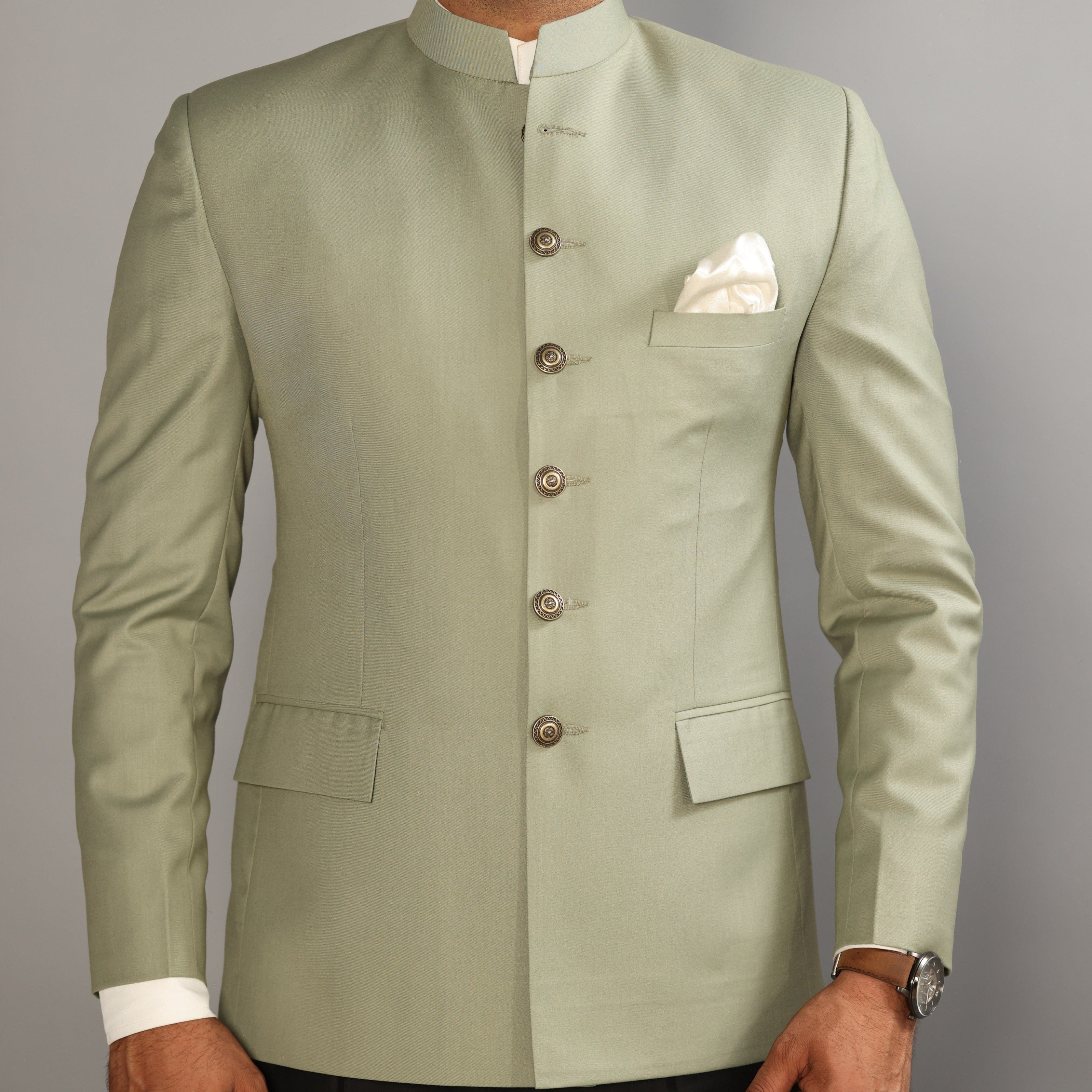 Buy Pastel Grey Green Cutdana Embroidered Raw Silk Jodhpuri Suit Online |  Samyakk
